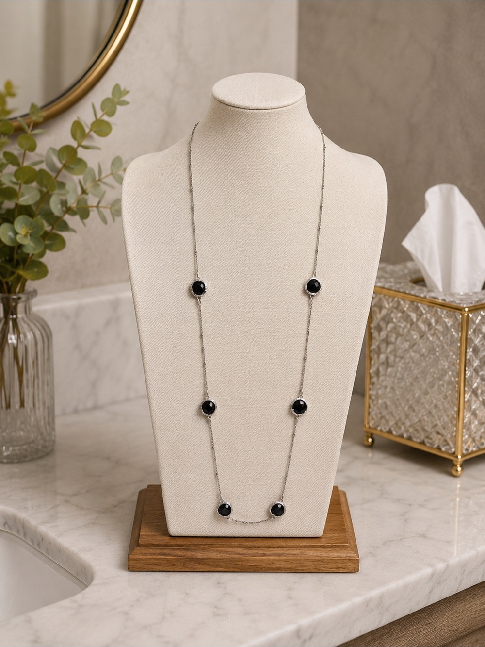 Pomina  Silver-Tone Black Faceted Stone Long Necklace (BR999/4)